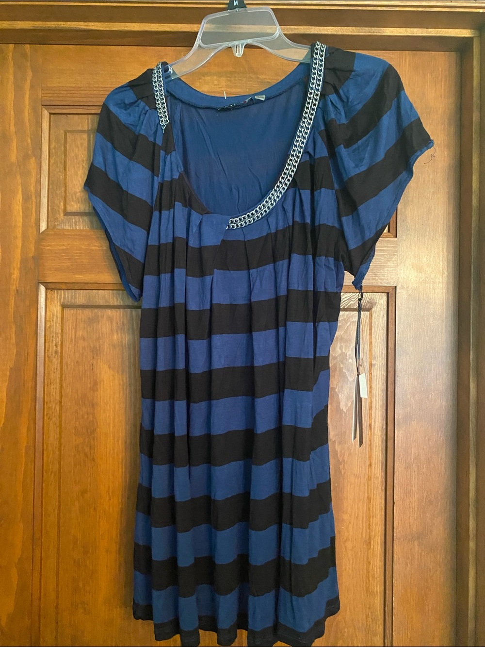 FYLO Blue and Black Striped Tunic with Chain-Trim asymmetrical Neckline feature.
